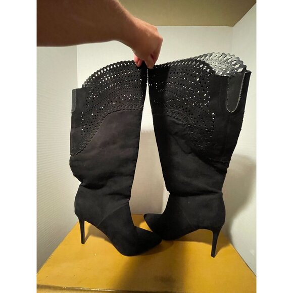 Express Black Stiletto Heel Knee-High Boots w/ cutout design Size 8 Women's - Picture 3 of 7